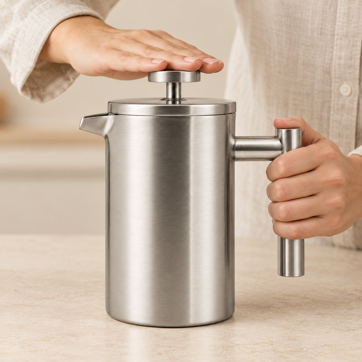 French Press mit Pressstempel und Metallgriff, Silber