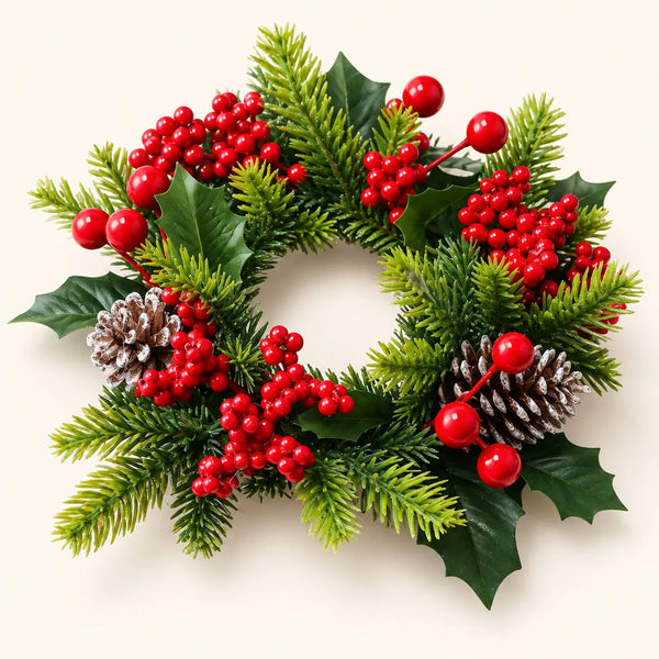 Weihnachtskerzenkranz mit roten Beeren und Tannenzapfen, klein