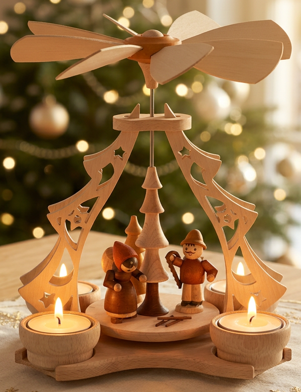 Weihnachtspyramide aus Holz für vier Teelichter