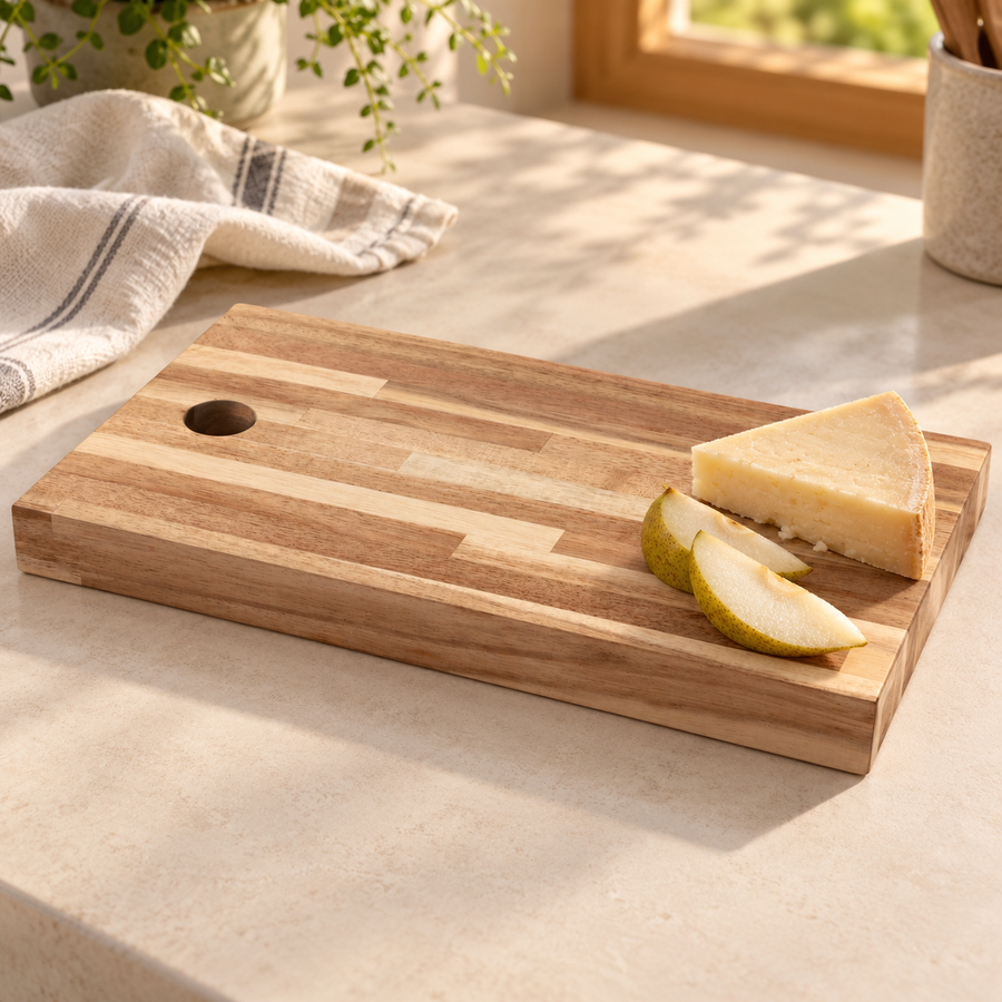 Detail eines enthaltenen Artikels aus: Küchen-Set: Holzbrett mit Salz- und Pfeffermühlen. Die Hauptansicht zeigt das vollständige Set.