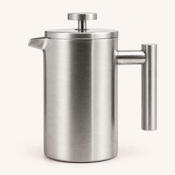 French Press mit Pressstempel und Metallgriff, Silber