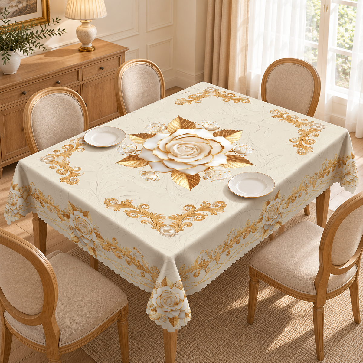 Tischdecke mit Rosenmuster, Beige, 140 × 180 cm, Detail- oder Anwendungsansicht 5