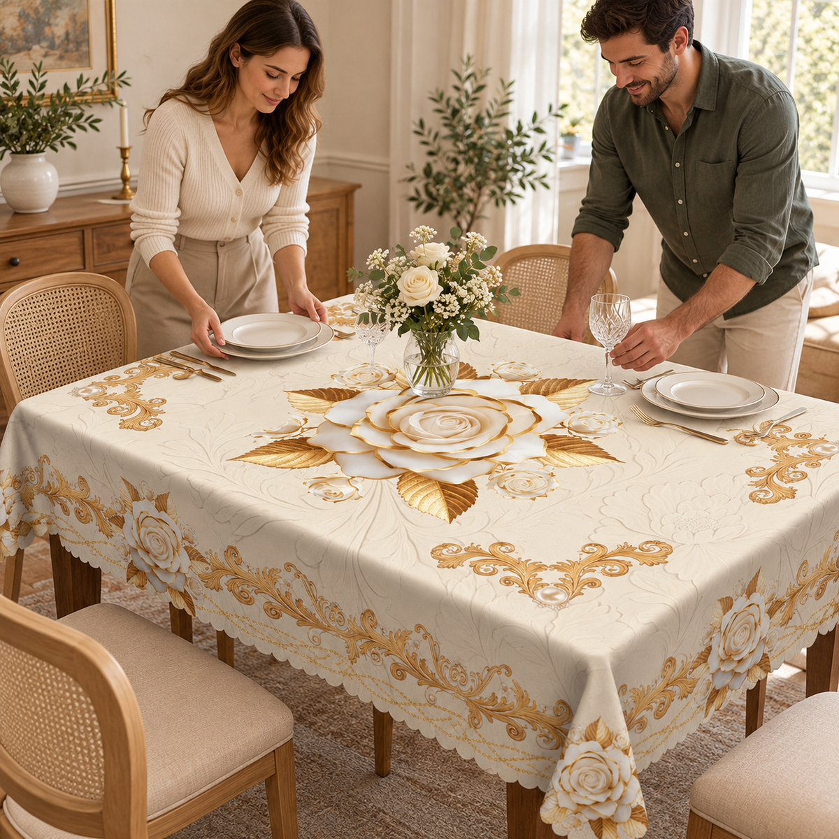 Tischdecke mit Rosenmuster, Beige, 140 × 180 cm, Detail- oder Anwendungsansicht 6