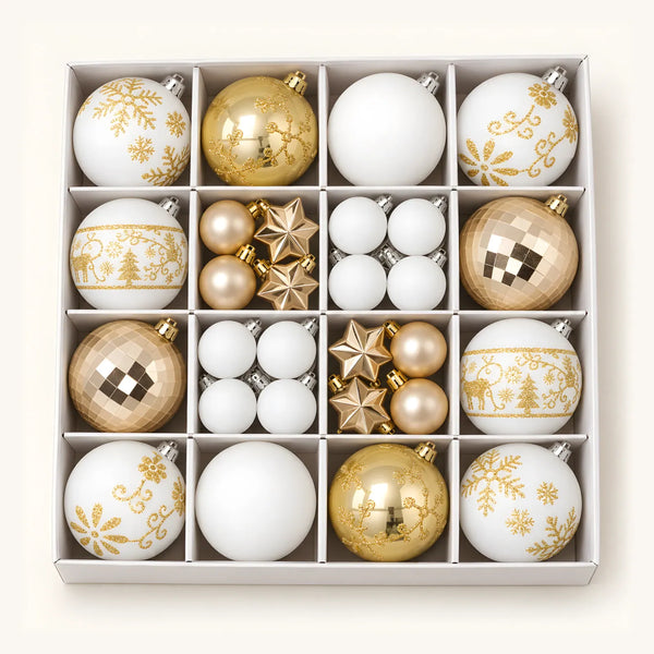 Weihnachtsbaumschmuck, 44-teilig: 40 Kugeln und 4 Sterne, Weiß/Gold