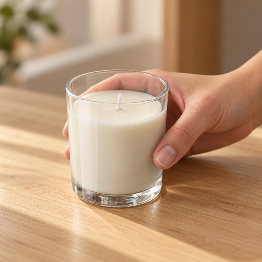 Detail eines enthaltenen Artikels aus: Duftkerzen im Glas, 3er-Set in Hellbeige. Die Hauptansicht zeigt das vollständige Set.