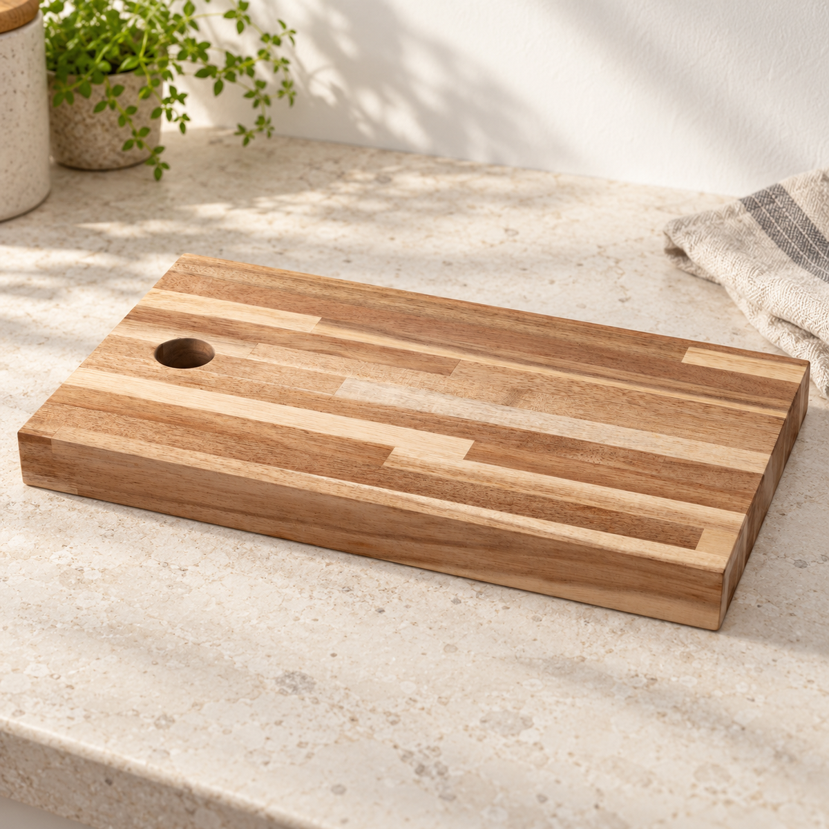 Detail eines enthaltenen Artikels aus: Küchen-Set: Holzbrett mit Salz- und Pfeffermühlen. Die Hauptansicht zeigt das vollständige Set.