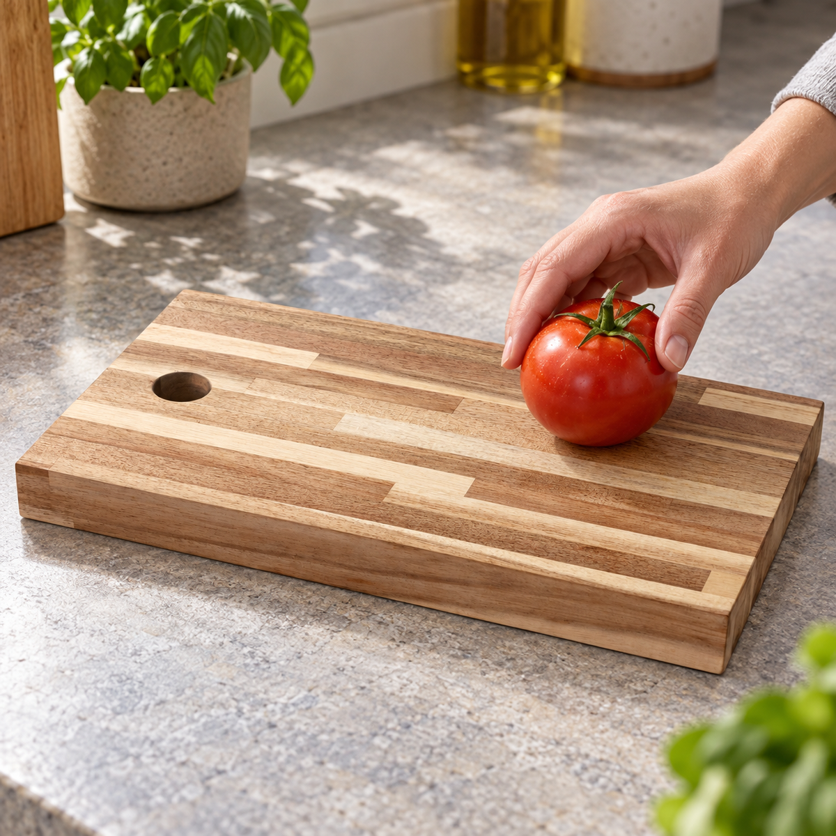 Detail eines enthaltenen Artikels aus: Küchen-Set: Holzbrett mit Salz- und Pfeffermühlen. Die Hauptansicht zeigt das vollständige Set.