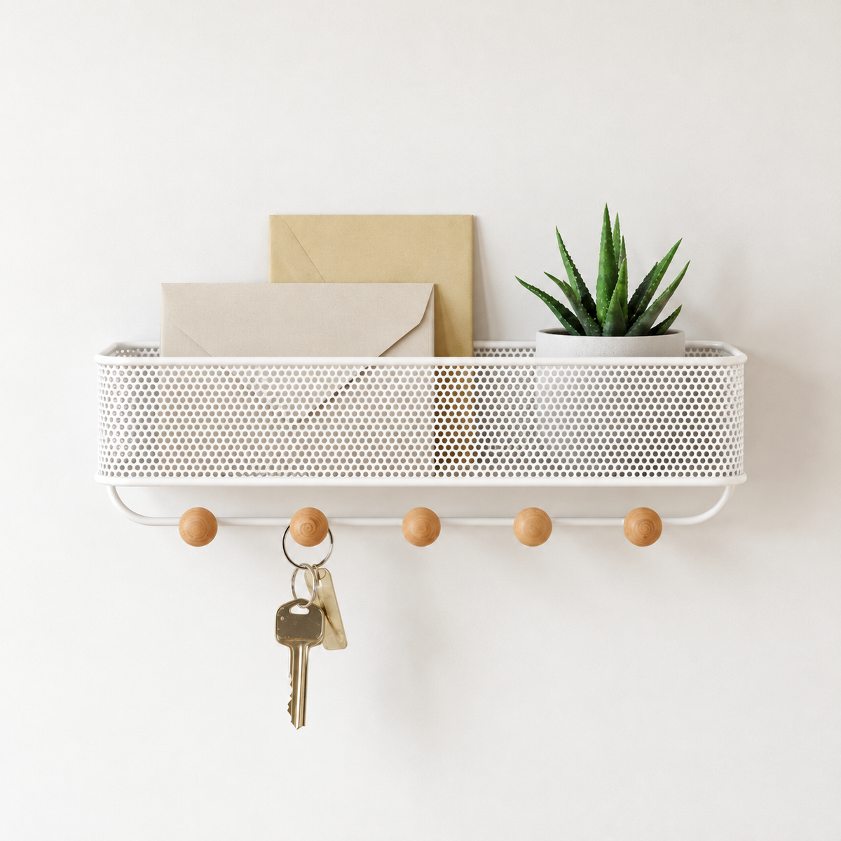 Ansicht 3: Wandorganizer mit Korb und fünf Haken.