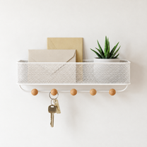 Ansicht 3: Wandorganizer mit Korb und fünf Haken.