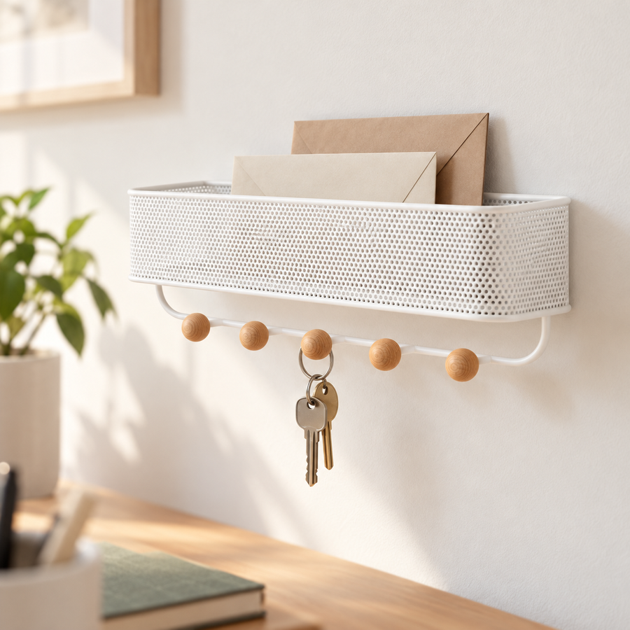 Ansicht 5: Wandorganizer mit Korb und fünf Haken.
