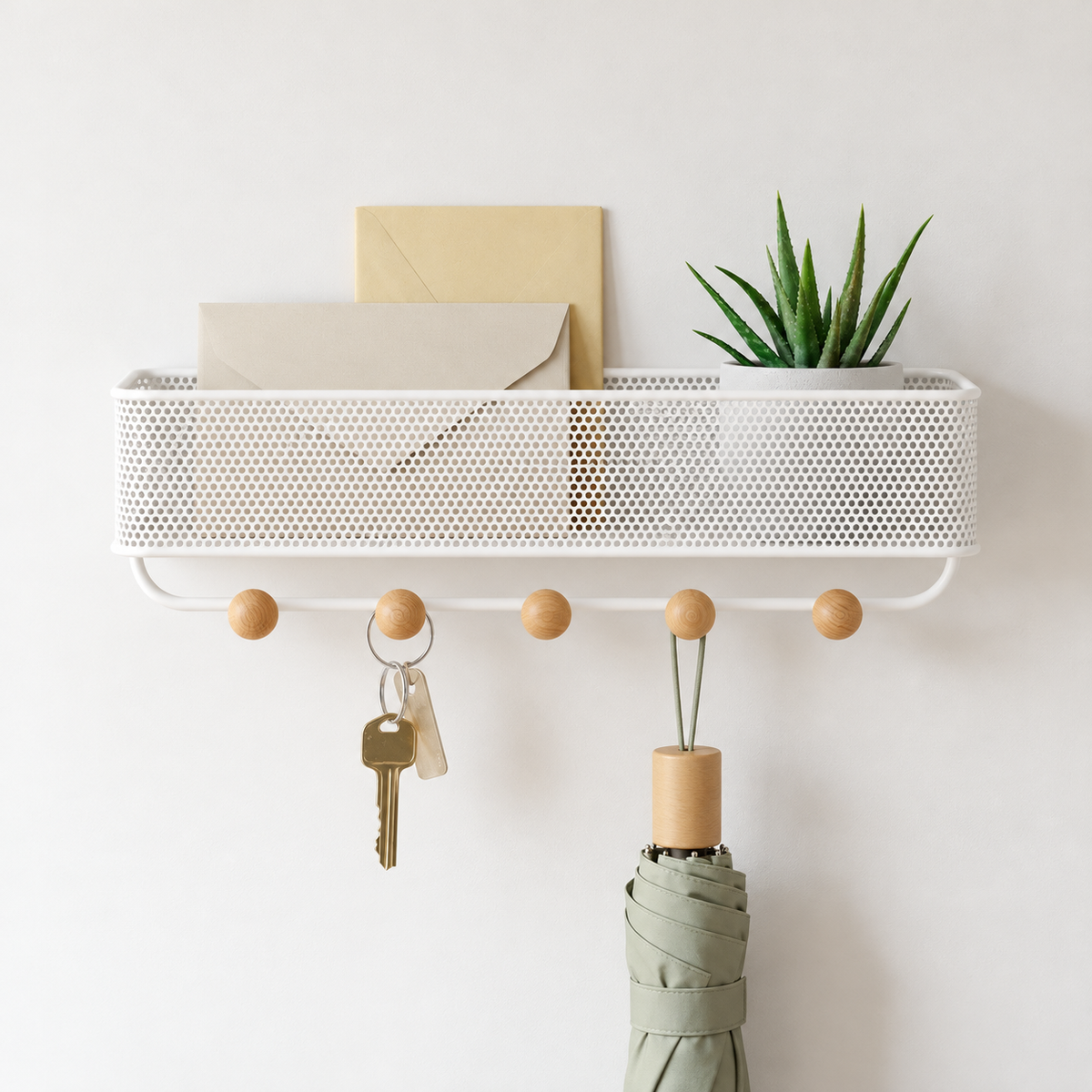 Ansicht 6: Wandorganizer mit Korb und fünf Haken.