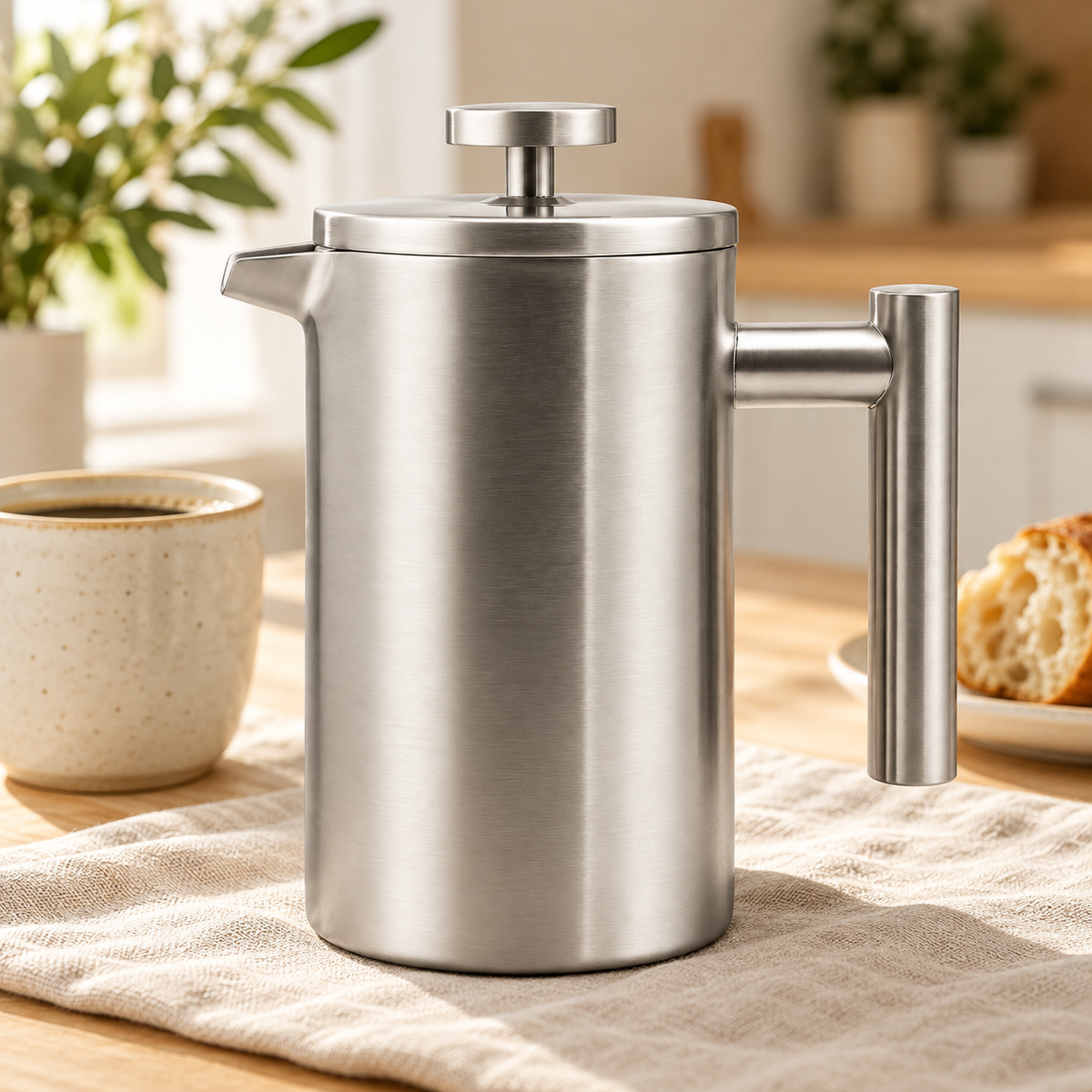 French Press mit Pressstempel und Metallgriff, Silber, Detail- oder Anwendungsansicht 2