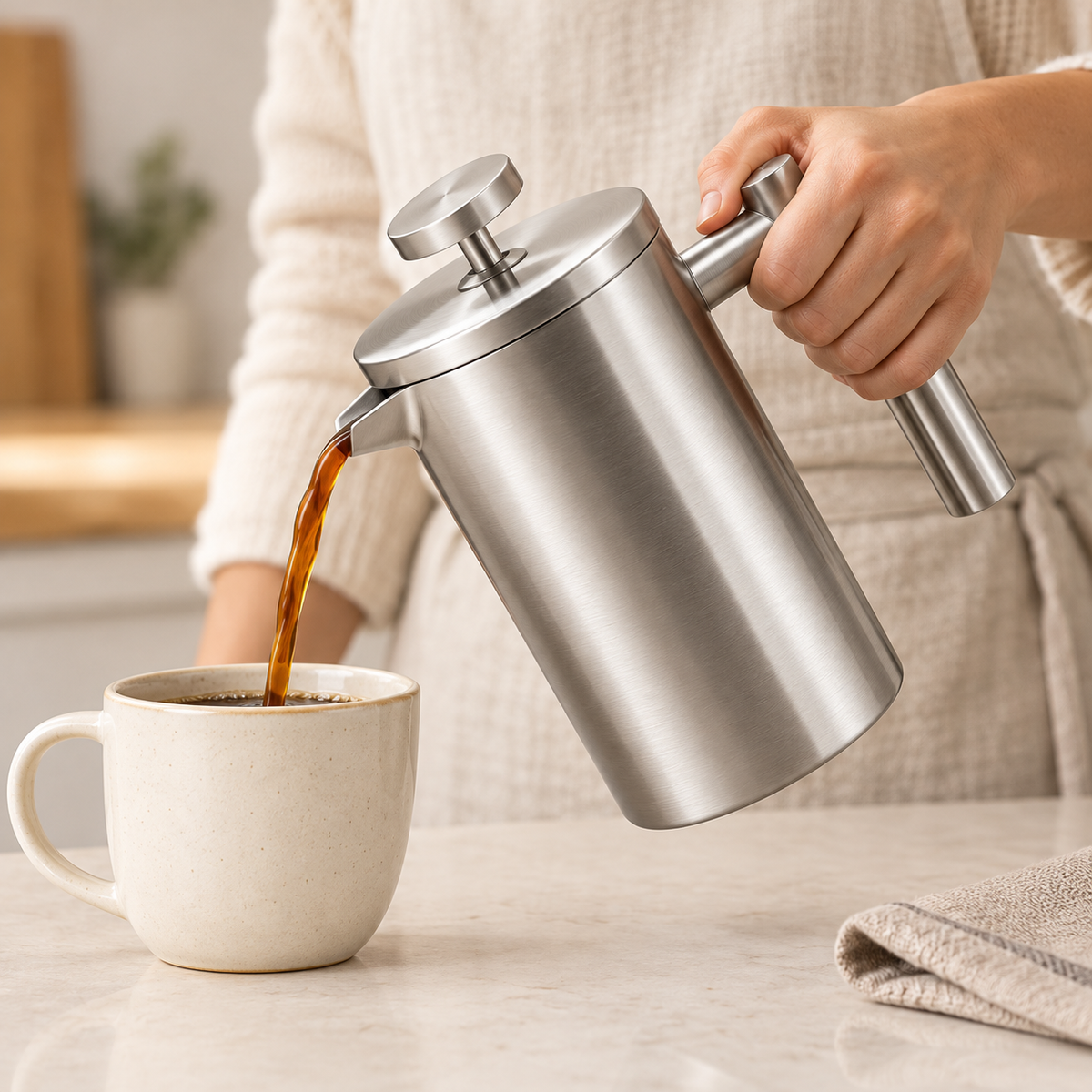 French Press mit Pressstempel und Metallgriff, Silber, Detail- oder Anwendungsansicht 3