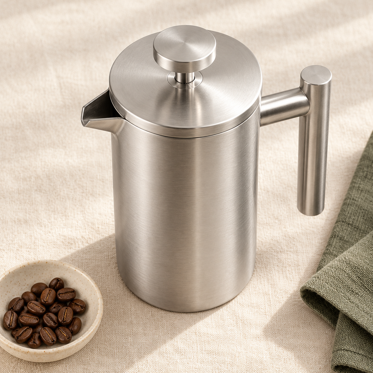 French Press mit Pressstempel und Metallgriff, Silber, Detail- oder Anwendungsansicht 8