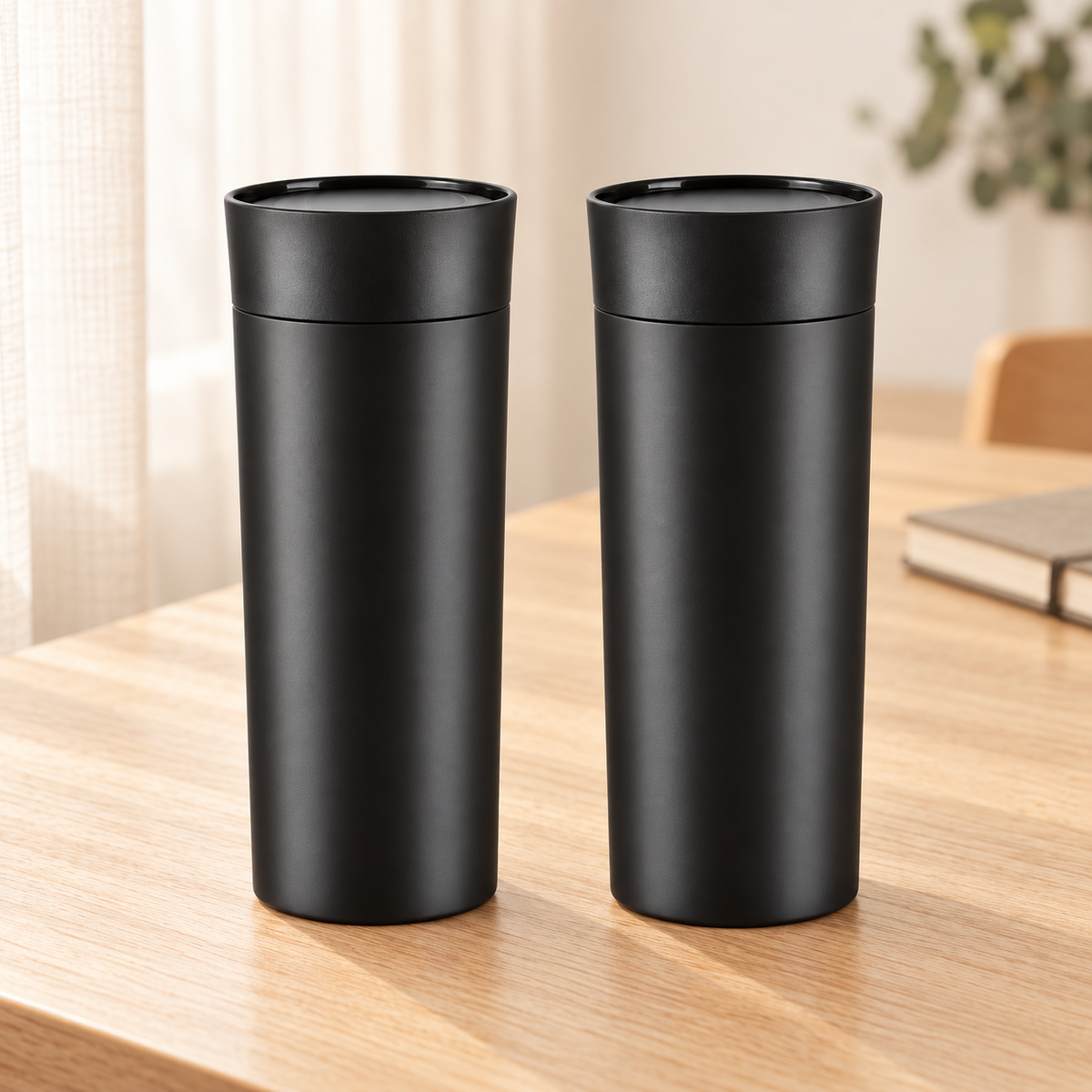 2 schwarze Thermobecher mit Deckeln, Gesamtansicht 2