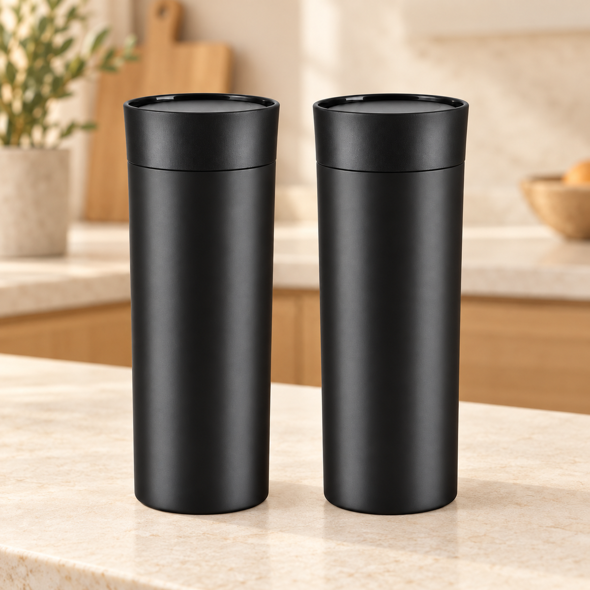 2 schwarze Thermobecher mit Deckeln, Gesamtansicht 4