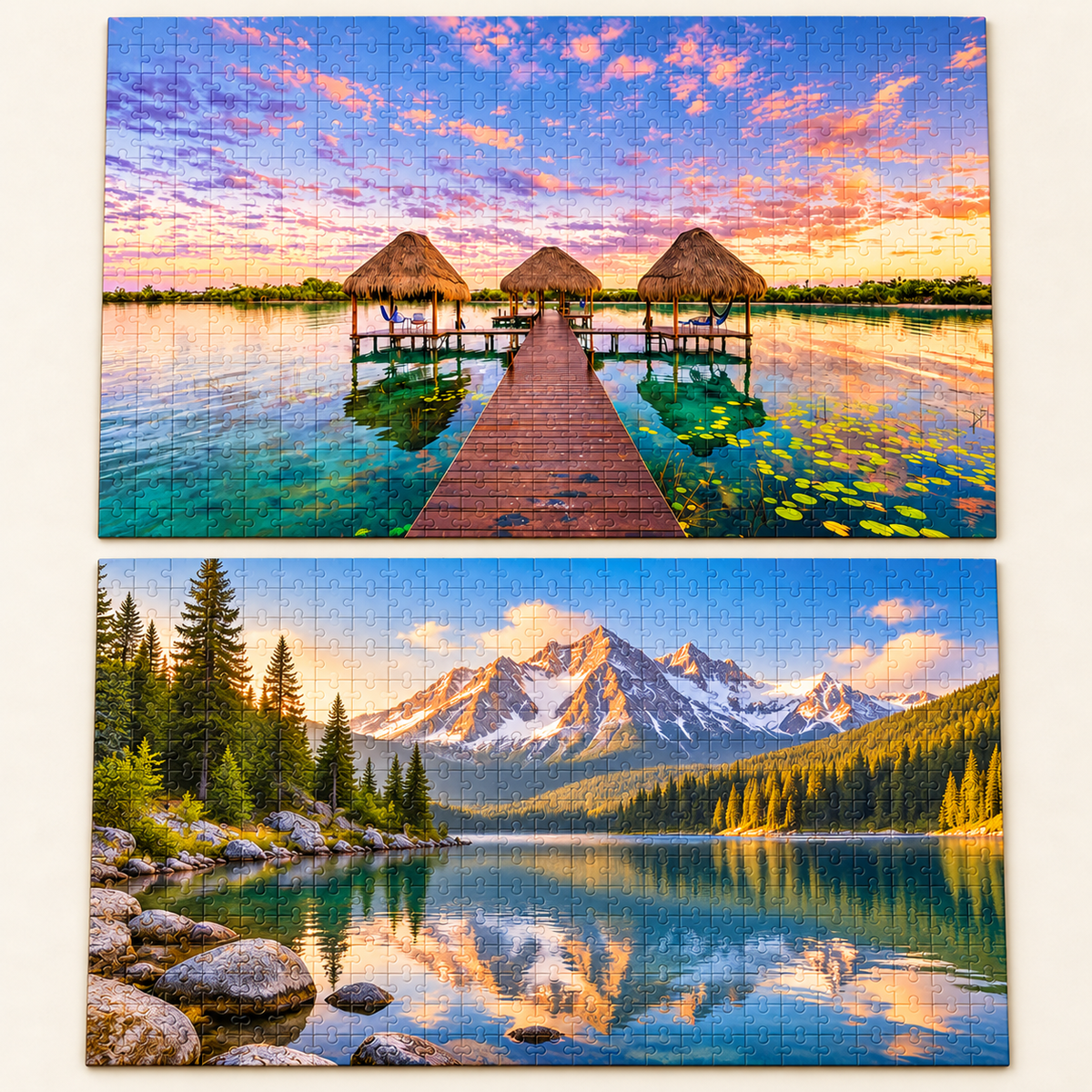 2 Landschaftspuzzles mit Lagunen- und Bergsee-Motiv, Ansicht 3
