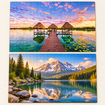 2 Landschaftspuzzles mit Lagunen- und Bergsee-Motiv, Ansicht 3