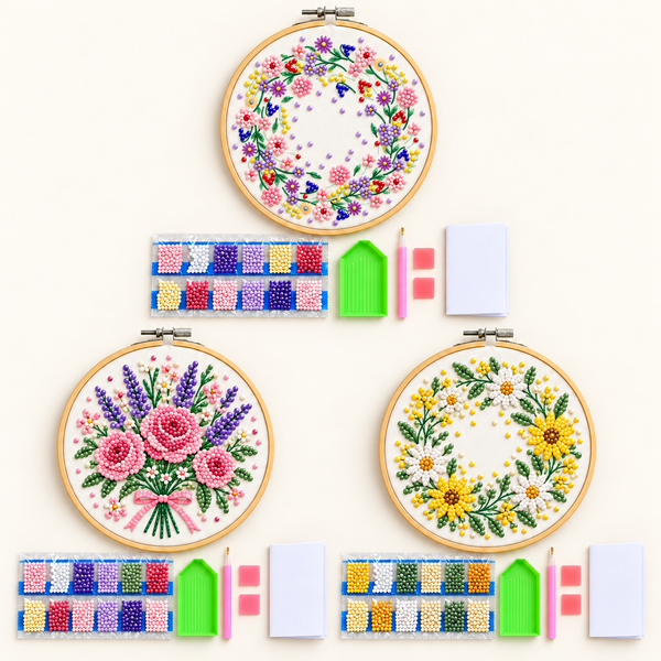 Diamond-Painting-Set, 3 Blumenmotive mit Rundrahmen