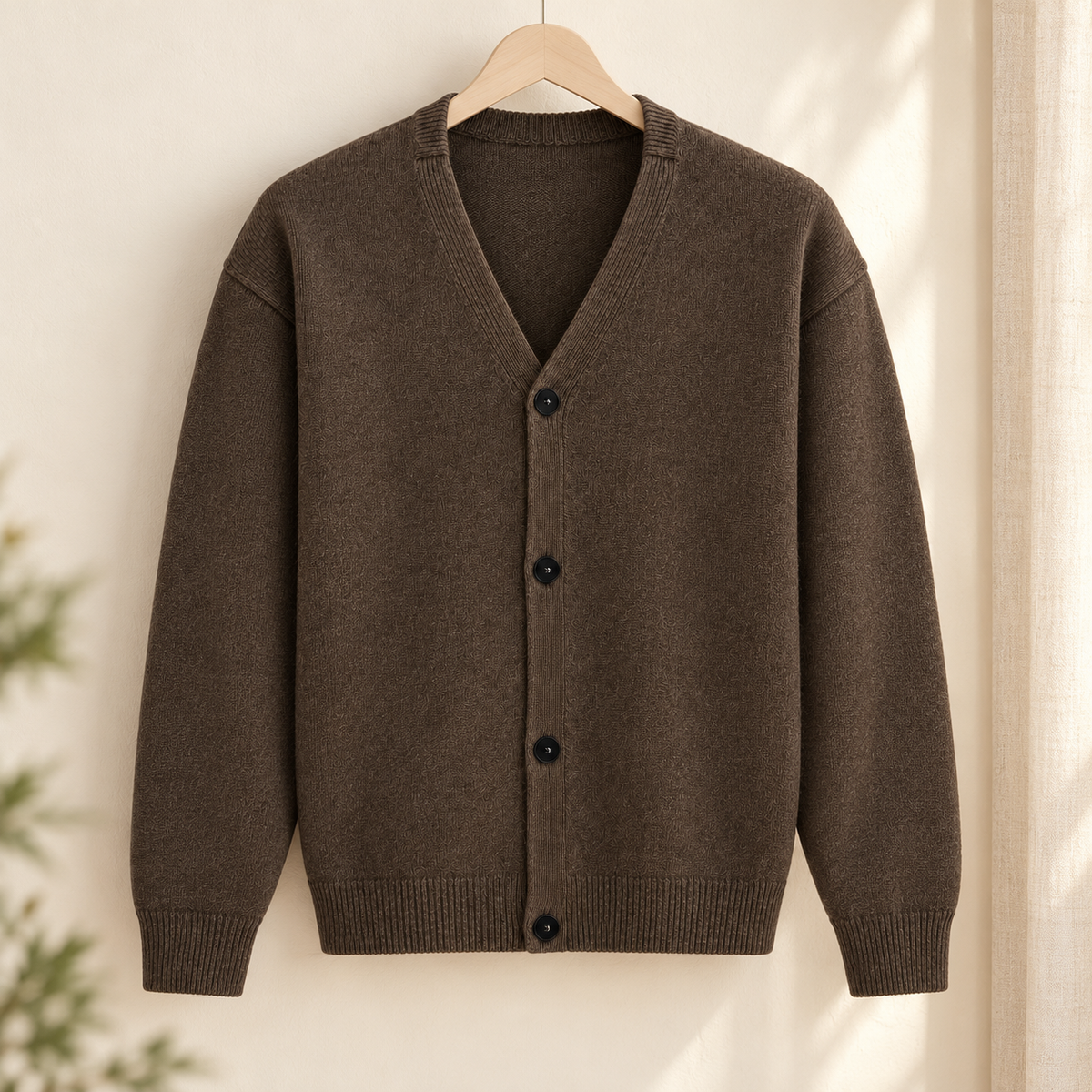 Strickcardigan mit V-Ausschnitt und vier Knöpfen, Braun, Detail- oder Anwendungsansicht 2