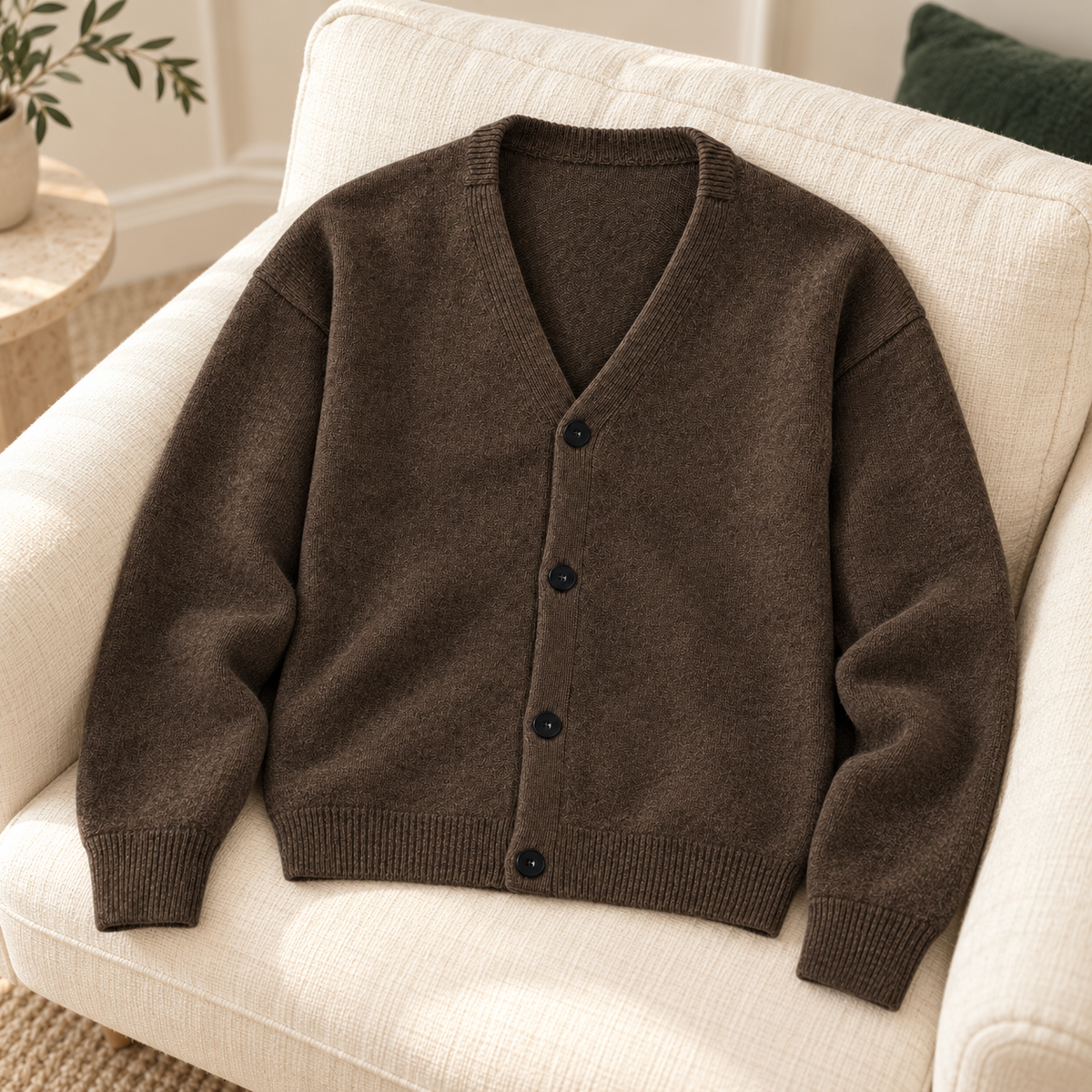 Strickcardigan mit V-Ausschnitt und vier Knöpfen, Braun, Detail- oder Anwendungsansicht 7