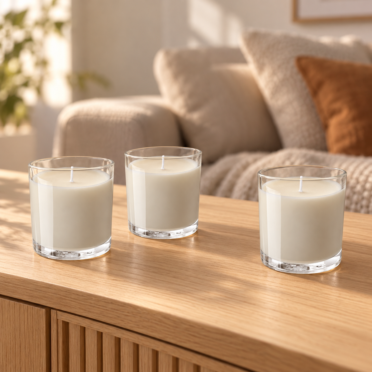 Set mit drei hellbeigen Duftkerzen im Glas