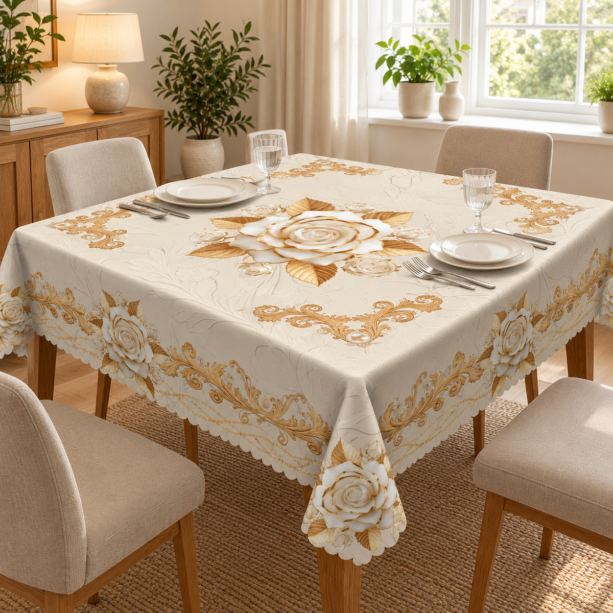 Tischdecke mit Rosenmuster, Beige, 140 × 180 cm, Detail- oder Anwendungsansicht 2
