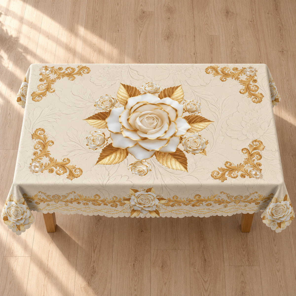 Tischdecke mit Rosenmuster, Beige, 140 × 180 cm, Detail- oder Anwendungsansicht 4